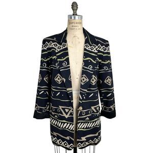 Vintage Rafaella Blazer Womens 8 Black Linen Cotton Southwestern Aztec Artsy 90s